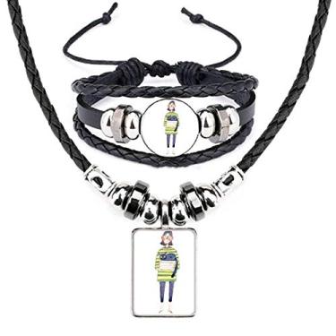 Imagem de Miaoji Pintura Gato Meganekko Menina Colar Pulseira de Couro Conjunto de Joias