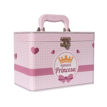 Imagem de Maleta Box MINHA PRINCESA com 4 álbuns fotográficos 240 fotos 15x21 Rosa Coroa bebê infantil
