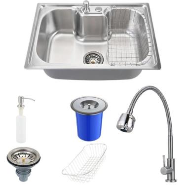Imagem de Pingoo.Casa, Kit Cuba para Cozinha com Acessórios e Lixeira, Gourmet, Aço Inox, Carajás e Torneira, Aço inox 304, Jaguaribe, Prata