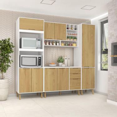 Imagem de Cozinha Modulada Completa com Tampo 5 Peças 9 Portas 3 Gavetas Branco/Wood