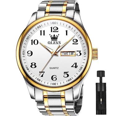 Imagem de OLEVS Relógios masculinos de couro marrom caixa dourada analógico quartzo moda negócios relógio dia data luminoso à prova d'água casual masculino relógios de pulso, relógio prateado dourado