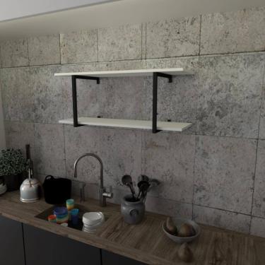 Imagem de Prateleira Industrial Suspensa Estante Parede Nicho Branca Ferro E Madeira Suporte Pratileira