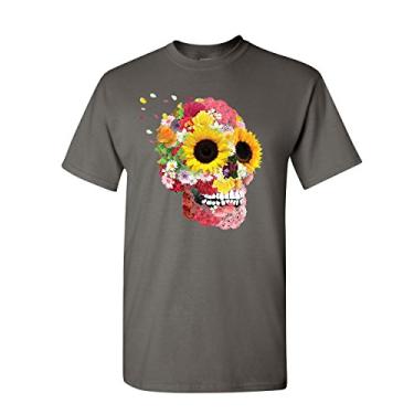 Imagem de Camiseta masculina Sunflowers Sugar Skull Day of The Dead Calavera Mexico, Carvão Ativado, M