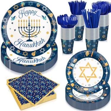 Imagem de 400 peças Hanukkah artigos de festa Hanukkah Star Menorah Dreidel conjunto de talheres papel pratos de jantar copos Hanukkah guardanapos faca colher garfo palha para decorações de festa feliz Hanukkah