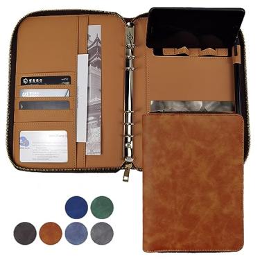 Imagem de A5 Capa de fichário de couro PU, pasta de orçamento, recarregável, agenda, com zíper, 6 anéis, organizador de documentos para entrevista de negócios (marrom)