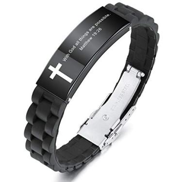 Imagem de MeMeDIY Pulseiras cruzadas com citação inspiradora, acessórios bíblicos cristãos, versículos, pulseira de identificação de silicone, presentes religiosos para homens e mulheres, aço inoxidável