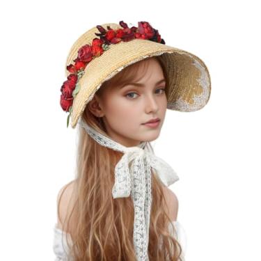 Imagem de Chapéu de sol feminino vitoriano para festa de chá Lolita arcos florais rasos chapéus de palha marrom, Estilo-05, tamanho �nico