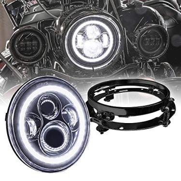 Imagem de 7" CREE LED Harley Farol + Suporte de montagem [Acabamento preto] [HALO DRL] [4500 Lumen] [Plugue conversor H4] Luz principal para Harley Davidson Electra Glide Road King Heritage Softail