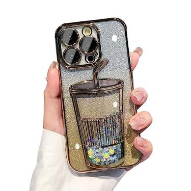 Imagem de Capa de telefone de designer de garrafa de suco com revestimento brilhante 3D compatível com iPhone 12 Pro Max, capa de telefone fofa com glitter gradiente flutuante líquido com proteção de câmera