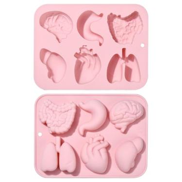 Imagem de KitBeads 2 moldes de silicone para órgãos humanos Halloween cérebro pulmão coração moldes de bolo rosa em forma de órgão para assar sabonetes sobremesa artesanato decorações