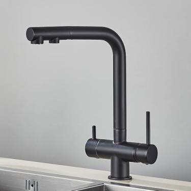 Imagem de Purificador de água Torneira de cozinha Preto Pull Out Filtro flexível Torneiras de cozinha Guindaste Latão 2 em 1 Torneira misturadora de água quente e fria, Torneira preta fosca