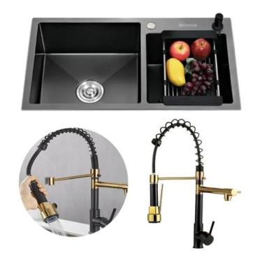 Imagem de Kit Cuba Pia Gourmet Dupla Preta Aço Inox Torneira Flexível - Brinovar