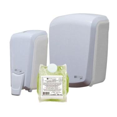 Imagem de Kit Dispenser Interfolha Branco/Cristal + Saboneteira Mini Branco/Cris