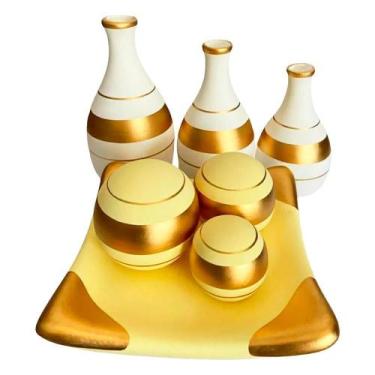 Imagem de Jogo De Vasos Trio Garrafas E Centro De Mesa Golden White - Retrofenna