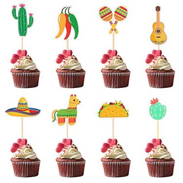 Imagem de MEMOVAN 24 peças de topos de cupcake Fiesta, topos de cupcake de bolo mexicano, palitos de cupcake mexicano, palitos de cacto, burro, taco, pimenta, sombrero, bigode, maraca, decorações de guitarra