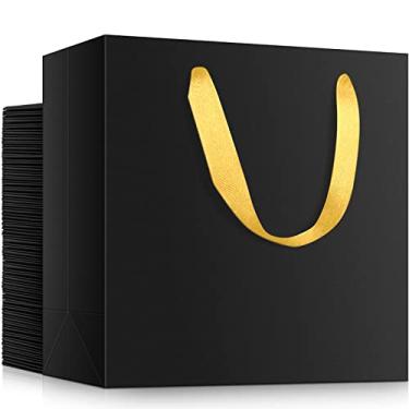 Imagem de EUSOAR Sacos de presente pretos grandes com alças douradas, pacote com 50 sacos de compras de papel de 32 x 11,4 x 28 cm com alças para lembrancinhas de festa de negócios, casamento