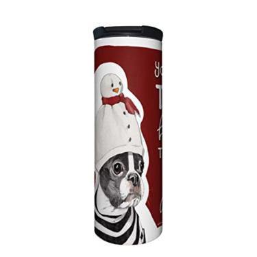 Imagem de Copo de café isolado – Caneca de café de aço inoxidável de parede dupla com tampa fechada – Caneca de viagem de 500 ml serve perfeitamente para porta-copos – Chapéu de boneco de neve buldogue francês