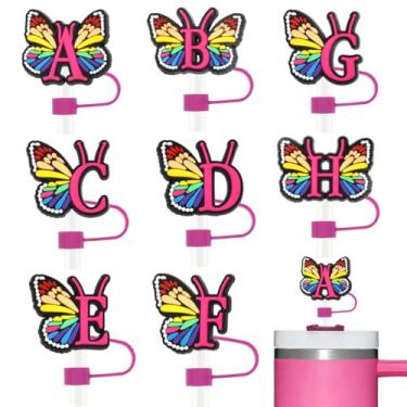 Imagem de Tampa de palha borboleta para copo Stanley, cobertura de canudo de silicone para cobertura com letra inicial Stanley, tampas reutilizáveis de canudo compatíveis com Stanley 40 e 890 ml