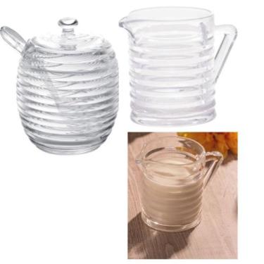 Imagem de Kit Açucareiro com Colher + 2 Leiteira de Vidro Colméia Lyor