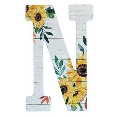 Imagem de COLLECTIVE HOME - Letras de madeira de 30,5 cm para decoração de parede, placa de parede rústica, placas de alfabeto decorativas, número de casa, decorações para festa de inauguração de casa de aniversário de casamento, branco lavado, girassol (N)