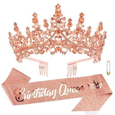 Imagem de ATODEN Tiara de aniversário com faixa de rainha coroa ouro rosa tiaras e coroas para mulheres, meninas, tiara de cristal de princesa, tiara de strass, coroa de quinze anos, decorações de feliz aniversário, acessórios para casamento, noiva, formatura, Halloween, cosplay, suprimentos para festas