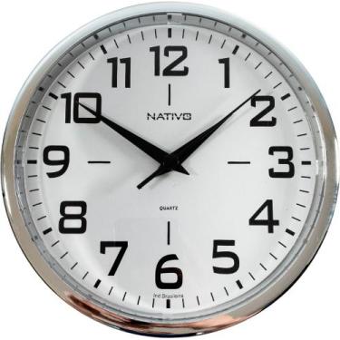 Imagem de Relógio de Parede Decorativo Cromado Sala Cozinha 23cm - Nativo, Branc