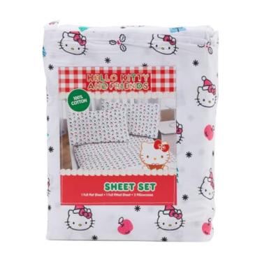 Imagem de Jay Franco & Sons, Inc. Jogo de lençol de algodão Hello Kitty Christmas (branco - azevinho, laços rosa, presentes azuis, maçãs rosa, casal)