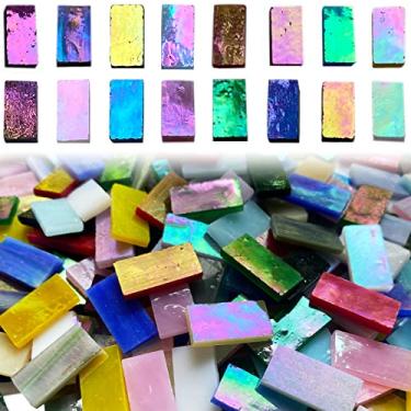 Imagem de KALUCION Mosaico de vidro iridescente retangular, 320 peças de suprimentos de vitrais coloridos para artesanato, peças de vidro de mosaico arco-íris para adultos