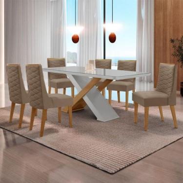 Imagem de Mesa para Sala de Jantar Carol 180cm MDF Canto Copo com Vidro e 6 Cade