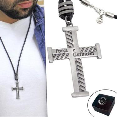 Imagem de Colar de Couro Trançado Masculino Fecho Mosquete Cruz Força e Coragem 