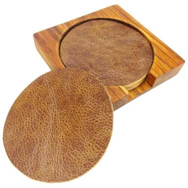 Imagem de Descanso de Copo Premium em Couro com Suporte Moderno de Madeira - Car