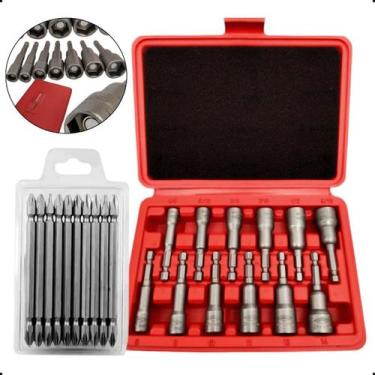 Imagem de Jogo De Soquetes Sextavado Imantado 12 Pç Milimetro Pol 1 4 Bits 110mm
