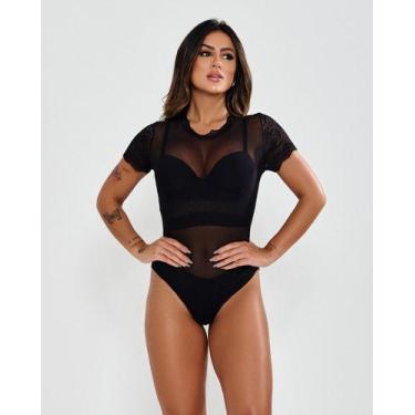 Imagem de Body Manga Curta Em Tule Sem Bojo Com Renda Na Gola E Manga - Coisa de