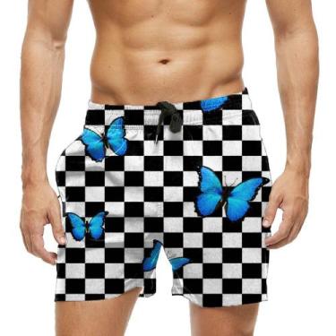 Imagem de Short Praia Shorts Banho Bermuda Verão Xadrez Borboleta Butterfly Neon