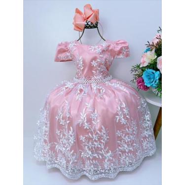 Imagem de Vestido infantil salmão renda branca realeza e pérolas luxo - enjoy, 0
