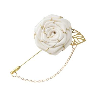 Imagem de yueton 1 pacote masculino branco rosa flor folha ouro broche terno terno lapela noivo broches florais simples branco flor broche para casamento, festa, Standard, Metal Tecido Metal, Sem Pedra Preciosa