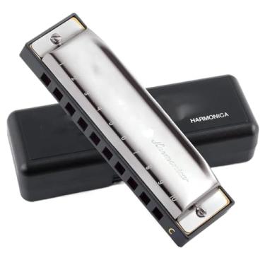 Imagem de Para Iniciantes harmônica Chave De Gaita De C 10 Buracos Polifonia Harpa Diatônica Com Estojo Para Blues Folk Pop Para Ensino De Música Iniciante(Silver)