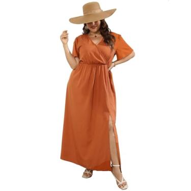 Imagem de KOJOOIN Vestido longo feminino plus size com mangas esvoaçantes, cintura império dividida, evasê, boho, casual, Sólido caramelo, GG