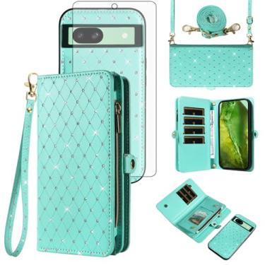 Imagem de Asuwish Capa de celular para Google Pixel 8A 5G carteira com zíper destacável com protetor de tela de vidro temperado alça transversal alça flip glitter porta-cartão slot Pixel8A A8 mulheres homens