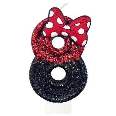 Imagem de JonesLi Vela de aniversário de 8 anos para bolo, vermelha com velas de laço, decorações de aniversário vermelhas, serve para decorações de aniversário da Minnie Mouse, decorações de festa da Minnie