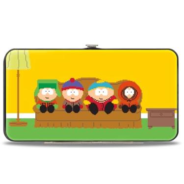 Imagem de Buckle-Down Carteira feminina Comedy Central de couro vegano articulada com dobras, compartimentos para cartões e porta-identidade - South Park Boys 8 Bit Pose de sofá amarela, Amarelo, 7" x 4",