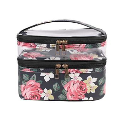 Imagem de FITINI Bolsas de Maquiagem Dupla Camada Armazenamento de Viagem Estojos de Cosméticos Organizador de Maquiagem Sacos de Higiene Pessoal Resistente à Água para Mulheres Saco de Pincel de, Peônia preta,