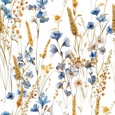 Imagem de FunStick Papel de parede floral branco dourado botânico 44,5 x 899 cm, vintage, outono, trigo, flores silvestres, papel de parede para quarto, banheiro, impermeável, removível, boêmio, papel de