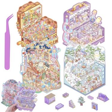 Imagem de 4 Set Big DIY 3D House Stickers - LCDGTJ Reusable Cartoon Scenes Kit (Ski/Museum/Magic Castle/Amusement Park) with Tweezer, Cute Miniature Room Stickers for Adult Kids Relief Stress Gifts Crafts