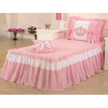 Imagem de Cobre Leito Colcha Solteiro Realeza com Babados Rosa 3 Pçs - deccorall