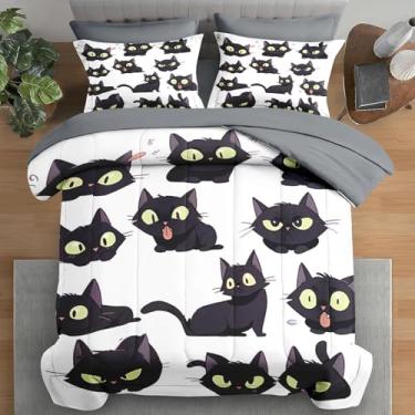 Imagem de Pamnest Jogo de lençol Queen com estampa de gato fofo, para crianças e adultos, anime, bruxa, preto, 2 fronhas e 2 fronhas para decoração de quarto