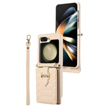 Imagem de HJZSZX Para Samsung Z Flip 6 Crossbody Lanyard Couro Phone Case Wrist Rope Wallet Card Cover (Para Samsung Z Flip 6/Bege)