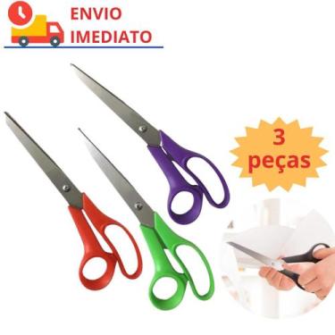 Imagem de Kit com 3 Tesoura Uso Geral Cores Sortidas Papel Tecido Escola Escritó