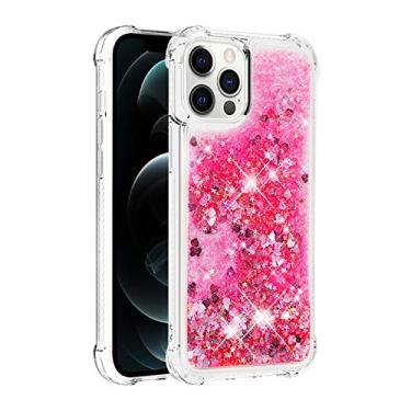 Imagem de Capa de telefone à prova de choque para iPhone 14 Pro Max com glitter líquido de areia movediça e corações flutuantes, capa de TPU de camada dupla reforçada com 4 cantos, protetor de telefone seguro