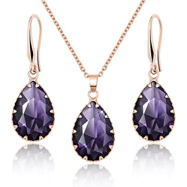 Imagem de Jertom Conjunto de joias de cristal austríaco banhado a ouro 14 k com pingente de gota e brincos em forma de pera para mulheres e meninas, amethyst set rose, Latão Cobre Pedra preciosa, Ametista Zircônia cúbica Diamante criado